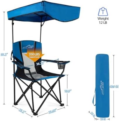 FAIR WIND Oversized Camping Lounge Chair with Adjustable Shade Canopy for Outdoor Sports - Support 350 LBS Heavy Duty Fold Quad Chair Arm Chair - Image 3